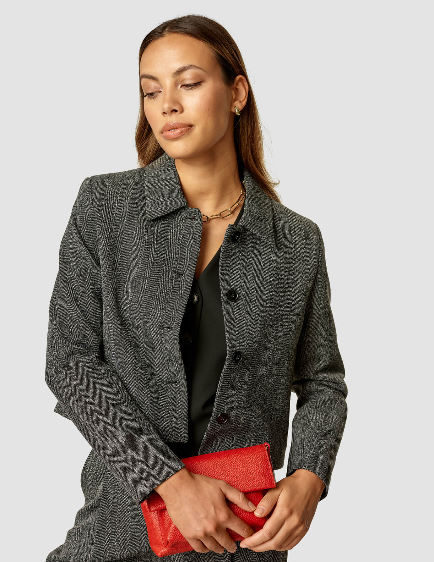 Serene Set Grey Herringbone Short Jacket & Wide Pants